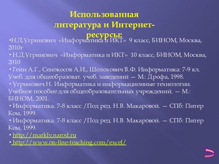 Использованная литература и Интернет- ресурсы:Н.Д.Угринович «Информатика и ИКТ» 9 класс, БИНОМ, Москва,