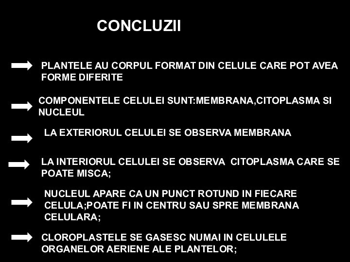 CONCLUZIIPLANTELE AU CORPUL FORMAT DIN CELULE CARE POT AVEA FORME DIFERITECOMPONENTELE CELULEI