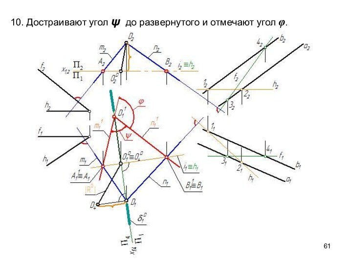 10. Достраивают угол ψ до развернутого и отмечают угол φ.