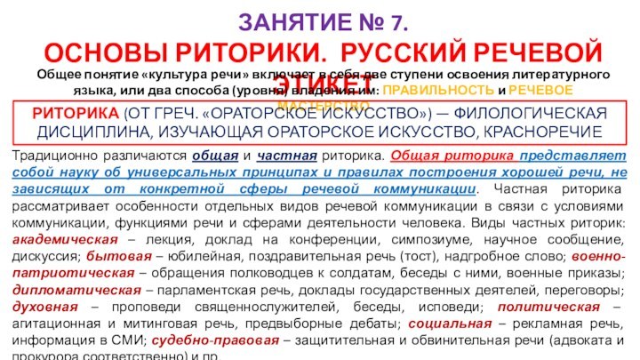 ЗАНЯТИЕ № 7.ОСНОВЫ РИТОРИКИ. РУССКИЙ РЕЧЕВОЙ ЭТИКЕТОбщее понятие «культура речи» включает в