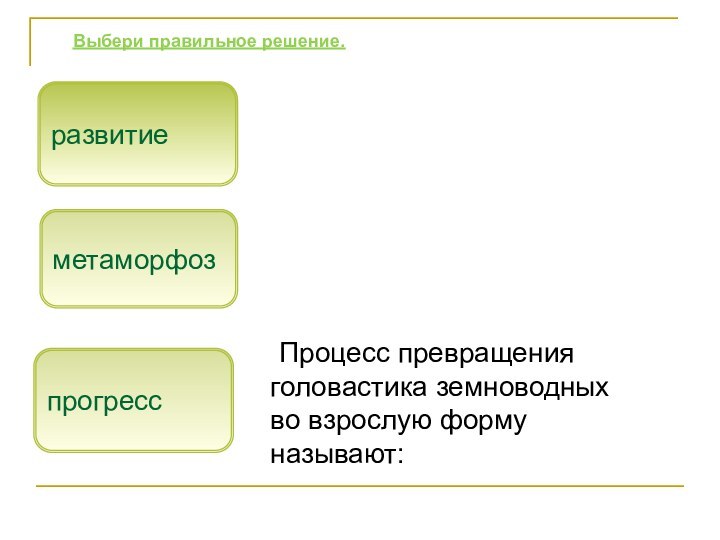 Процесс превращения головастика земноводных во взрослую форму называют:метаморфозпрогрессВыбери правильное решение.развитие