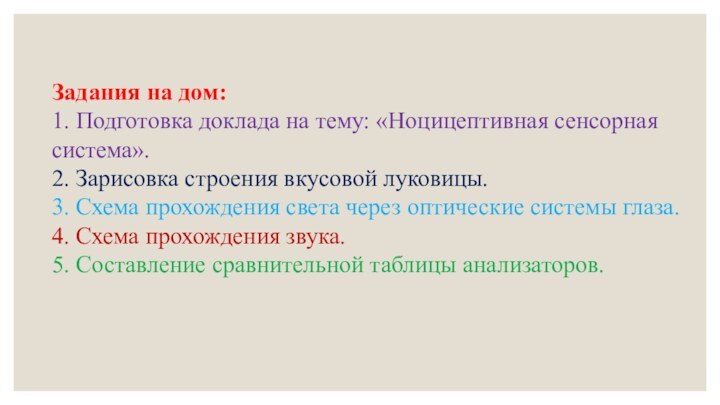 Задания на дом:1. Подготовка доклада на тему: «Ноцицептивная сенсорная система».2. Зарисовка строения