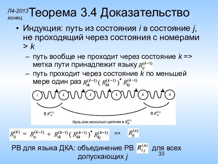 Теорема 3.4 ДоказательствоИндукция: путь из состояния i в состояние j, не проходящий