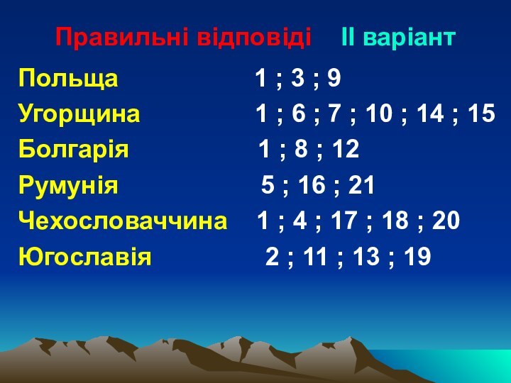 Правильні відповіді  ІІ варіантПольща