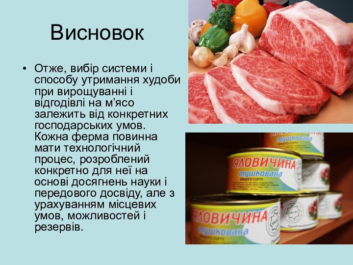 ВисновокОтже, вибір системи і способу утримання худоби при вирощуванні і відгодівлі на