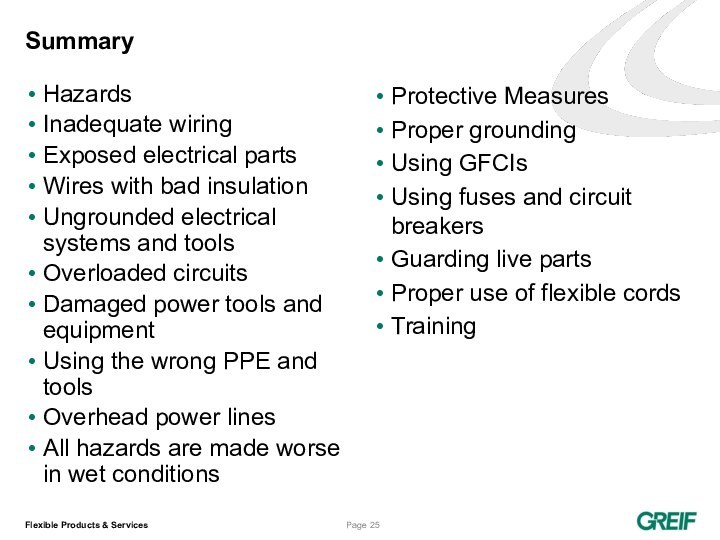 SummaryHazardsInadequate wiringExposed electrical partsWires with bad insulationUngrounded electrical systems and toolsOverloaded circuitsDamaged