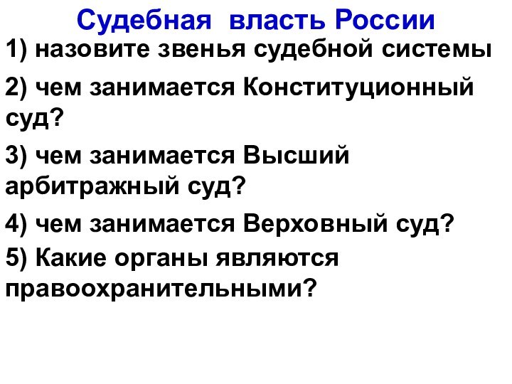 Судебная власть России1) назовите звенья судебной системы2) чем занимается Конституционный суд?3) чем