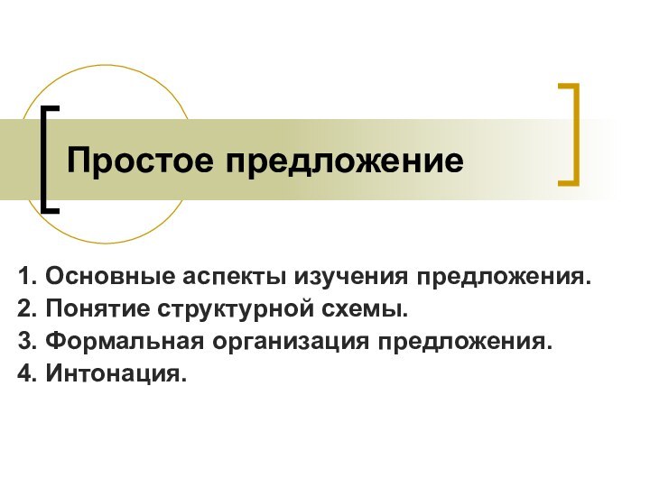 Простое предложение1. Основные аспекты изучения предложения.2. Понятие структурной схемы.3. Формальная организация предложения.4. Интонация.