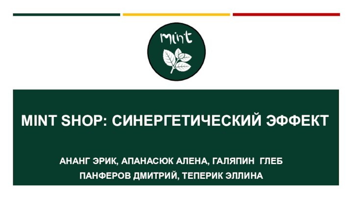 MINT SHOP: СИНЕРГЕТИЧЕСКИЙ ЭФФЕКТАНАНГ ЭРИК, АПАНАСЮК АЛЕНА, ГАЛЯПИН ГЛЕБПАНФЕРОВ ДМИТРИЙ, ТЕПЕРИК ЭЛЛИНА