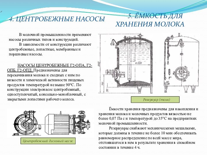 4. ЦЕНТРОБЕЖНЫЕ НАСОСЫ5. ЁМКОСТЬ ДЛЯ ХРАНЕНИЯ МОЛОКАЦентробежный дисковый насосРезервуар (танк)В молочной промышленности