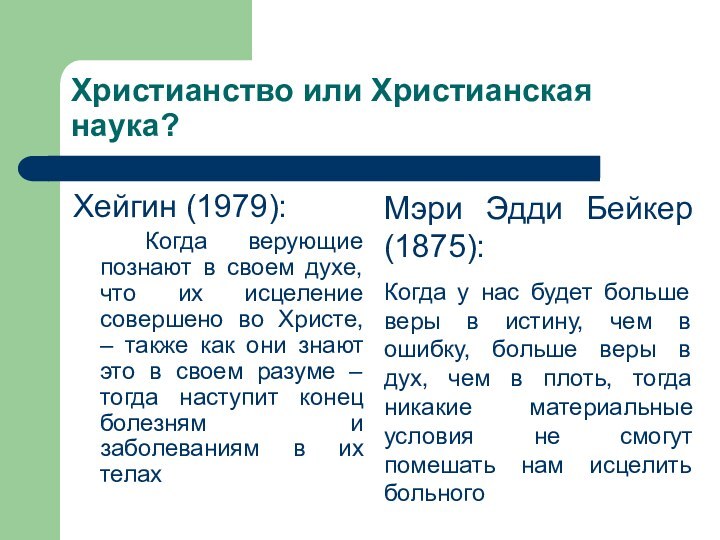 Христианство или Христианская наука?Хейгин (1979):				Когда верующие познают в своем духе, что их