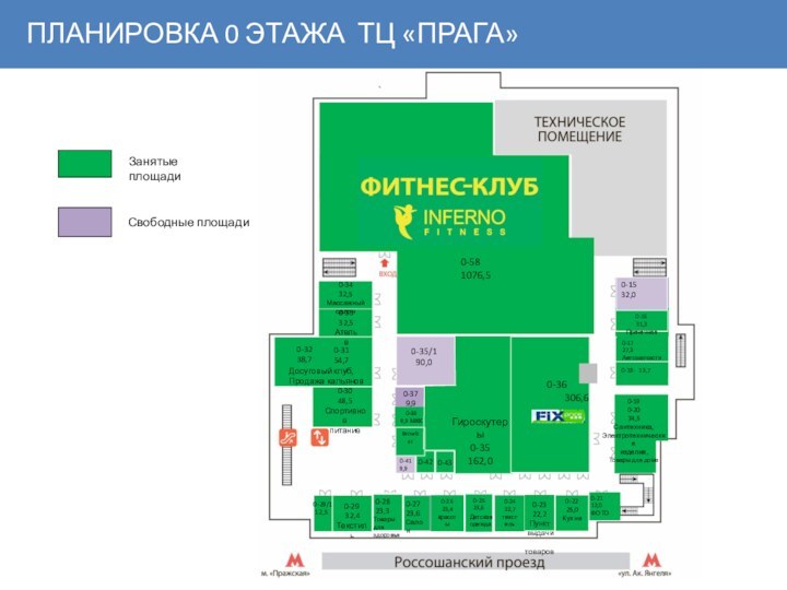 ПЛАНИРОВКА 0 ЭТАЖА ТЦ «ПРАГА»0-3154,7 0-3332,5Ателье0-3432,5Массажный салон0-3048,5 Спортивное питание0-430-420-419,9 0-29/1 12,50-2723,6Салон0-2523,6