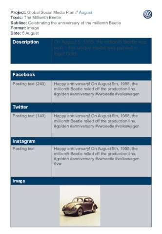 Project: Global Social Media Plan // August Topic: The Millionth Beetle Subline: Celebrating the anniversary