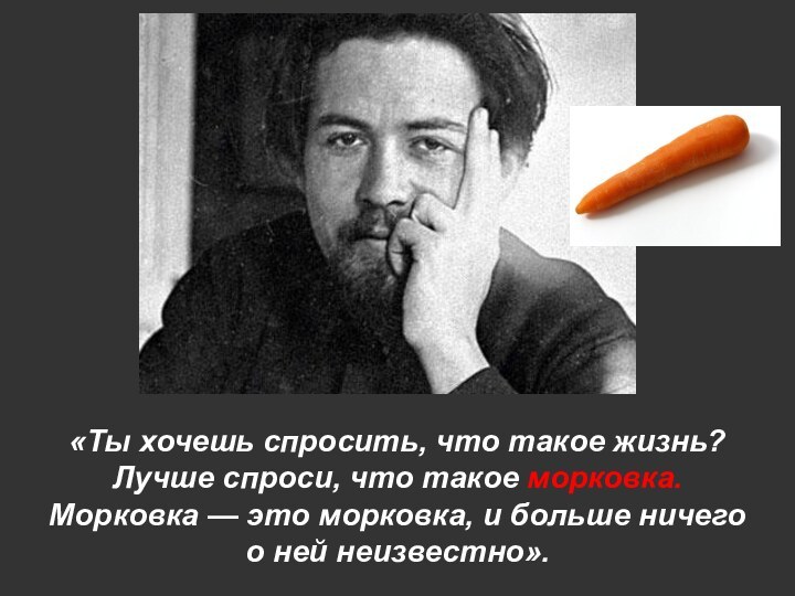 «Ты хочешь спросить, что такое жизнь? Лучше спроси, что такое морковка. Морковка —