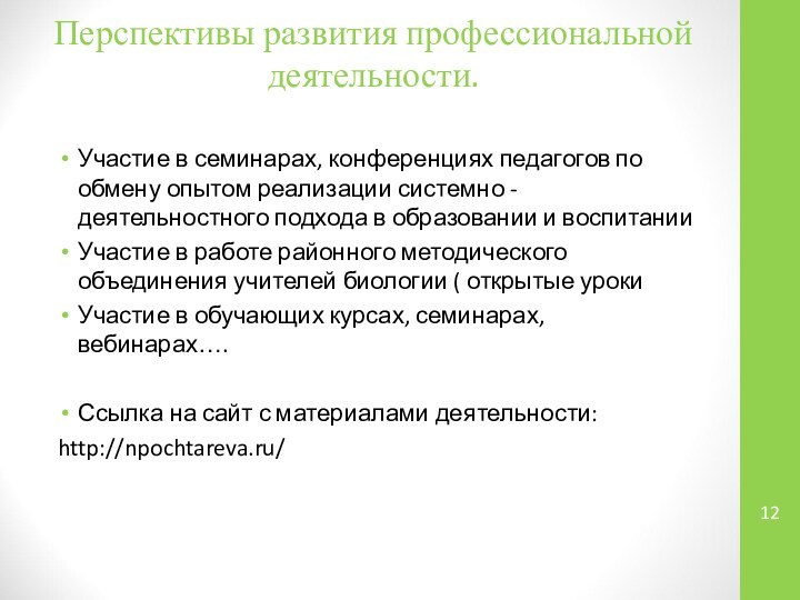 Перспективы развития профессиональной деятельности. Участие в семинарах, конференциях педагогов по обмену опытом