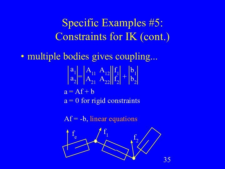 Specific Examples #5:  Constraints for IK (cont.)multiple bodies gives coupling...a1a2A11 A12A21