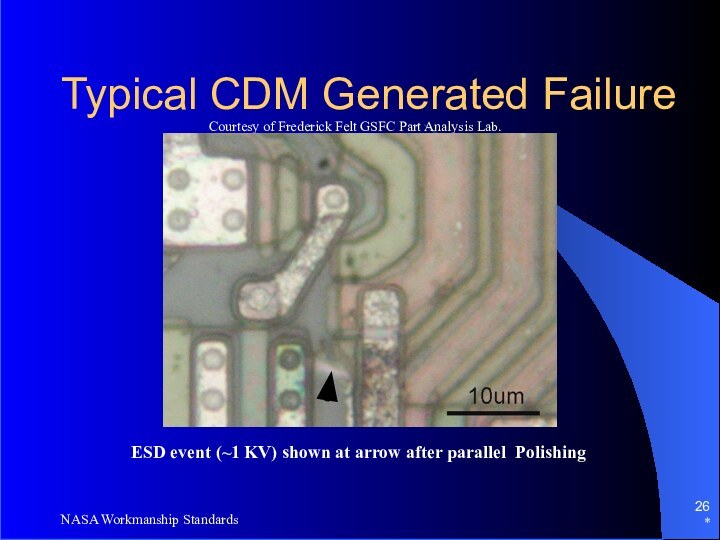 *NASA Workmanship StandardsTypical CDM Generated FailureCourtesy of Frederick Felt GSFC Part Analysis