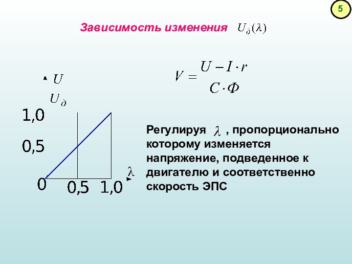 Регулируя   , пропорционально которому изменяется напряжение, подведенное к двигателю и соответственно скорость ЭПС