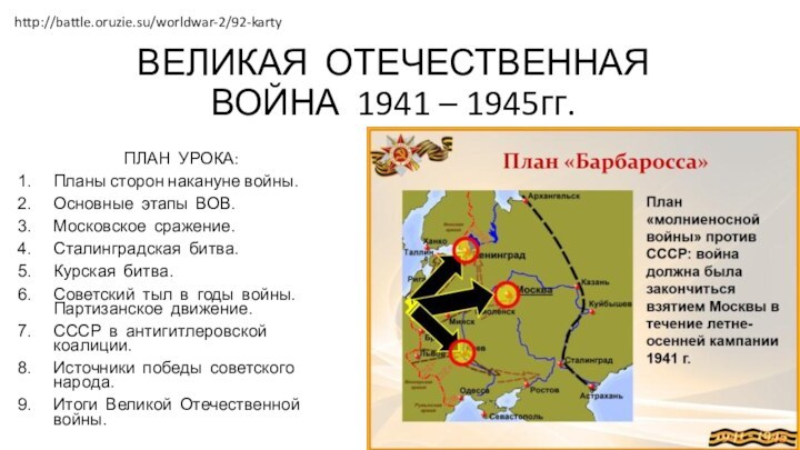 ВЕЛИКАЯ ОТЕЧЕСТВЕННАЯ ВОЙНА 1941 – 1945гг.ПЛАН УРОКА:Планы сторон накануне войны.Основные этапы ВОВ.Московское