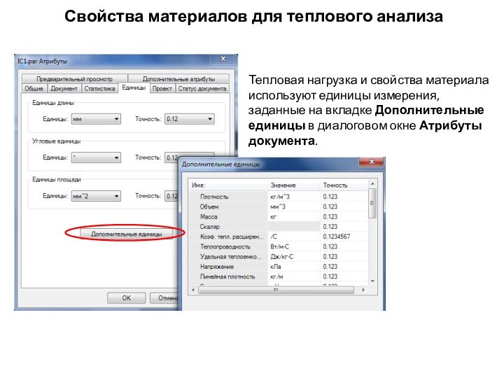 Свойства материалов для теплового анализаТепловая нагрузка и свойства материала используют единицы измерения,