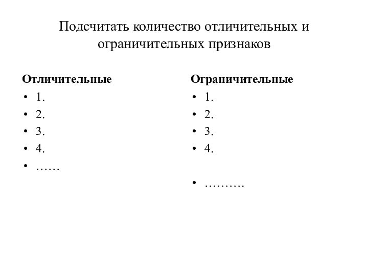 Подсчитать количество отличительных и ограничительных признаковОтличительные1.2.3.4.……Ограничительные1.2.3.4.……….