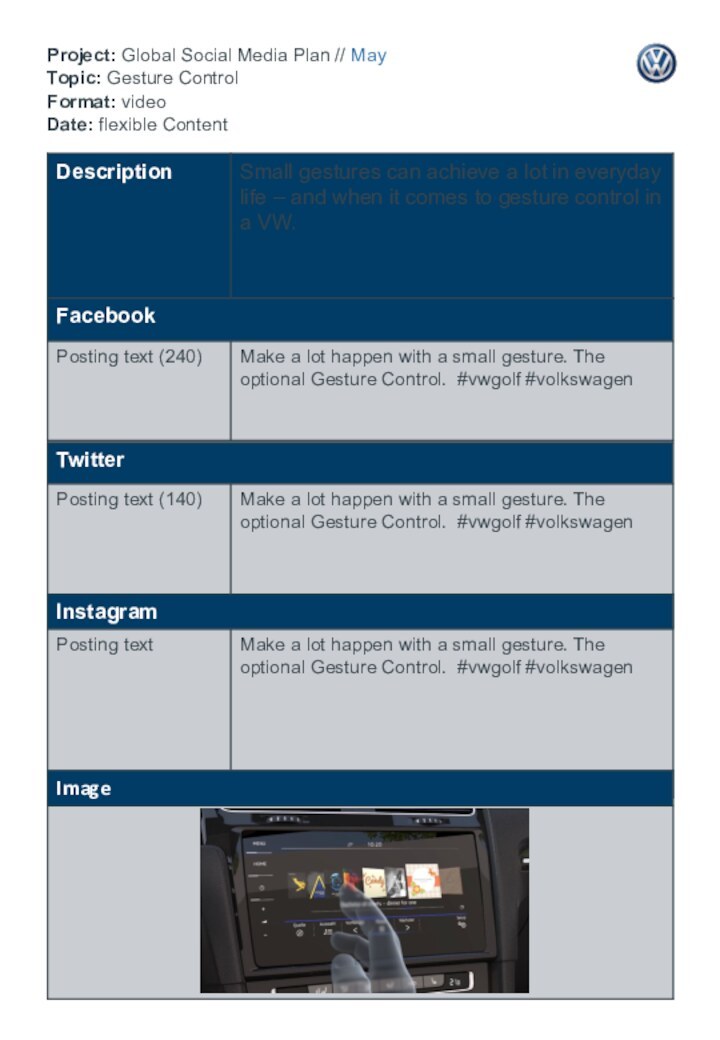 Project: Global Social Media Plan // May Topic: Gesture Control  Format: video Date: flexible Content