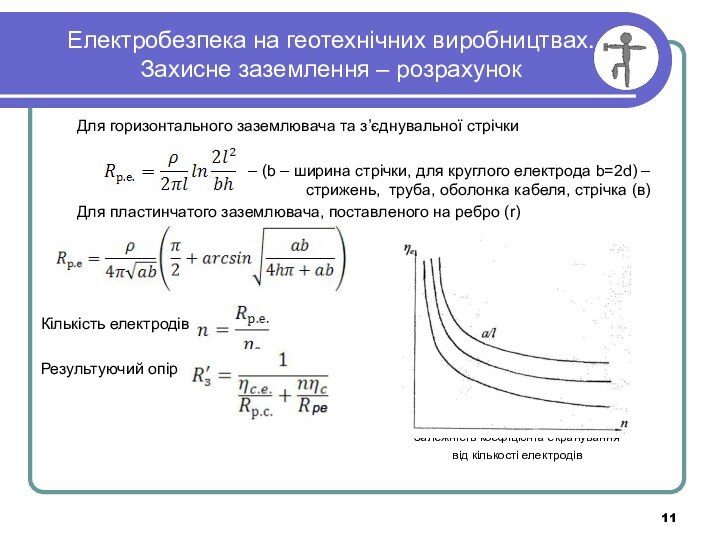 Електробезпека на геотехнічних виробництвах. Захисне заземлення – розрахунок	Для горизонтального заземлювача та з’єднувальної