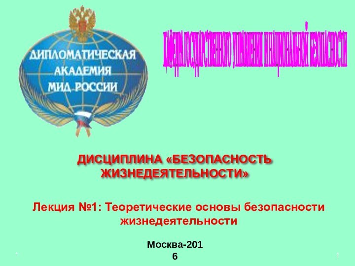 *КАФЕДРА ГОСУДАРСТВЕННОГО УПРАВЛЕНИЯ И НАЦИОНАЛЬНОЙ БЕЗОПАСНОСТИ Москва-2016ДИСЦИПЛИНА «БЕЗОПАСНОСТЬ ЖИЗНЕДЕЯТЕЛЬНОСТИ»Лекция №1: Теоретические основы безопасности жизнедеятельности