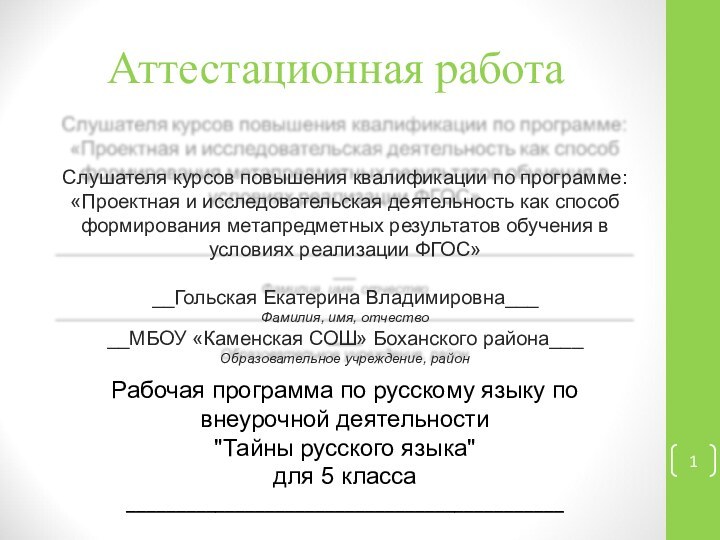 Аттестационная работаРабочая программа по русскому языку по внеурочной деятельности