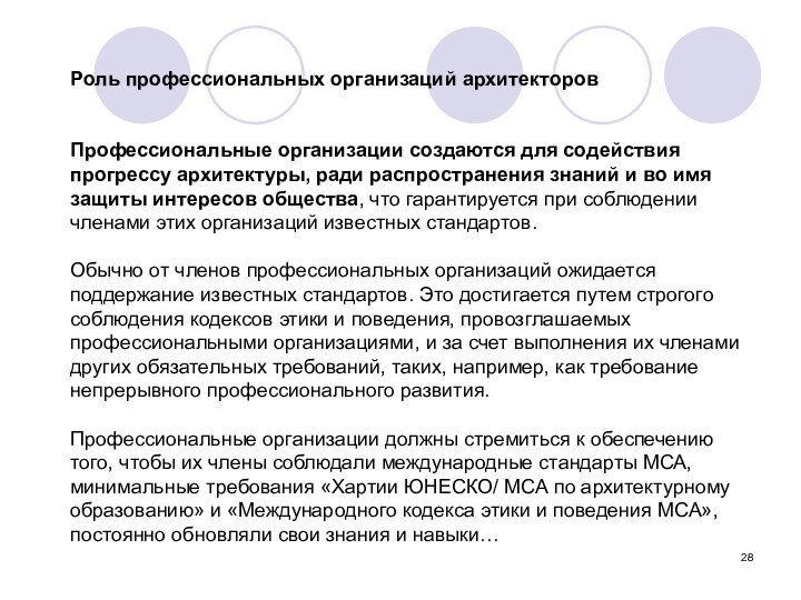 Роль профессиональных организаций архитекторов Профессиональные организации создаются для содействия прогрессу архитектуры, ради