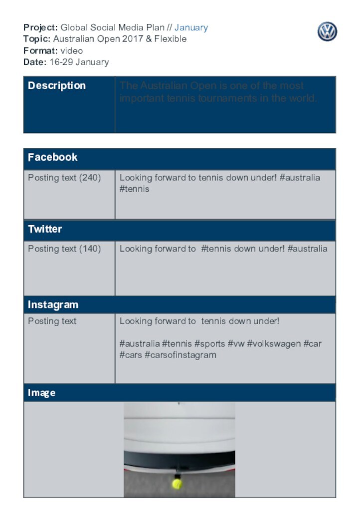 Project: Global Social Media Plan // January Topic: Australian Open 2017 &