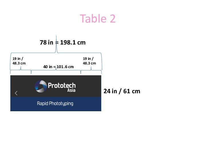 Table 240 in = 101.6 cm78 in = 198.1 cm19 in /