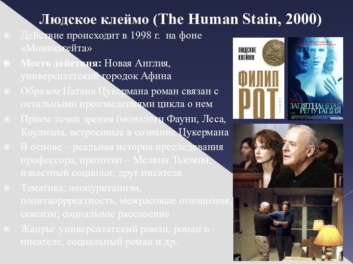 Людское клеймо (The Human Stain, 2000) Действие происходит в 1998 г. на