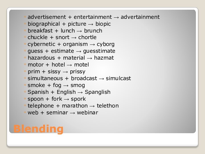 Blendingadvertisement + entertainment → advertainmentbiographical + picture → biopicbreakfast + lunch →