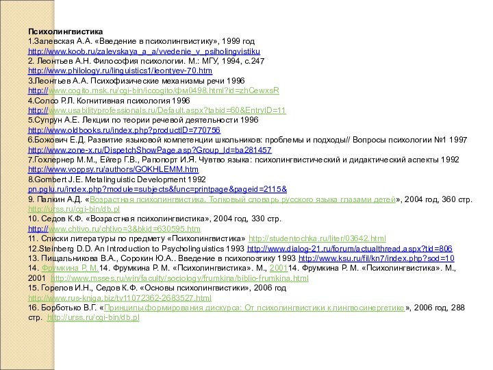 Психолингвистика1.Залевская А.А. «Введение в психолингвистику», 1999 годhttp://www.koob.ru/zalevskaya_a_a/vvedenie_v_psiholingvistiku	2. Леонтьев А.Н. Философия психологии. М.: