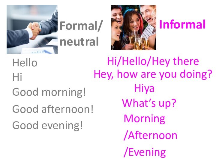 Formal/ neutral Informal HelloHi/Hello/Hey thereHiHey, how are you doing?  Hiya What’s up?  Morning/Afternoon/Evening Good morning!Good afternoon!Good evening!