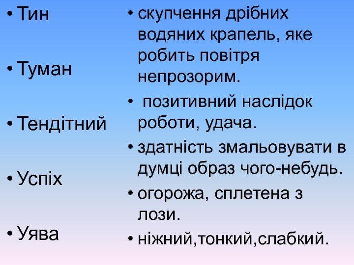 ТинТуманТендітний УспіхУява скупчення дрібних водяних крапель, яке робить повітря непрозорим. позитивний наслідок