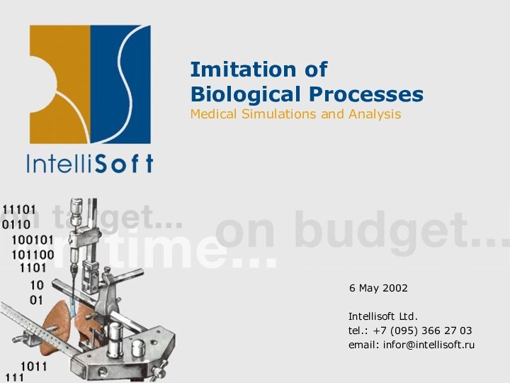 London, 11 May 2002Imitator - Medical Simulations and AnalysisImitation ofBiological ProcessesMedical Simulations