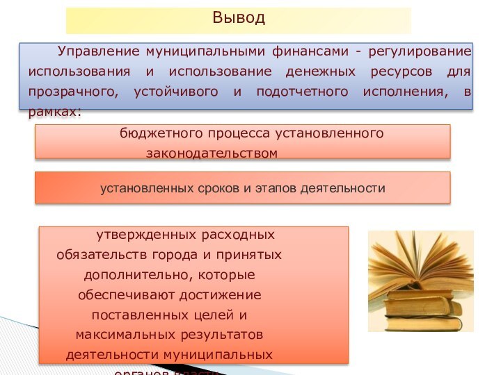 ВыводУправление муниципальными финансами - регулирование использования и использование денежных ресурсов для прозрачного,