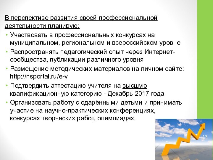 В перспективе развития своей профессиональной деятельности планирую:Участвовать в профессиональных конкурсах на муниципальном,