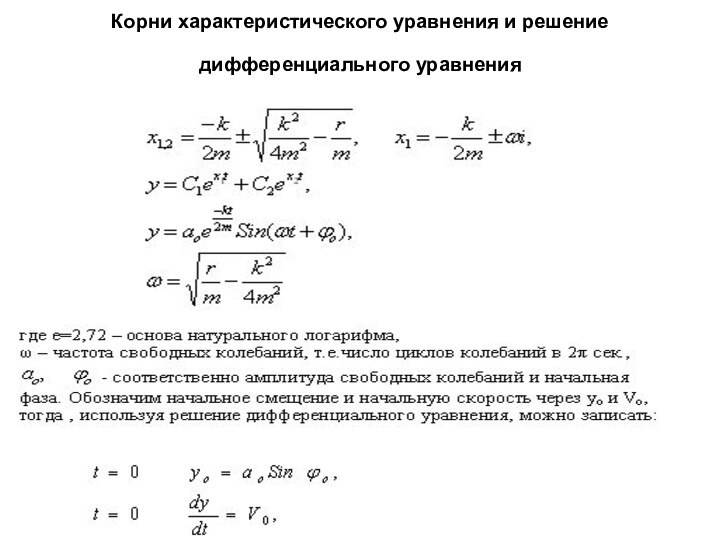 Корни характеристического уравнения и решение дифференциального уравнения