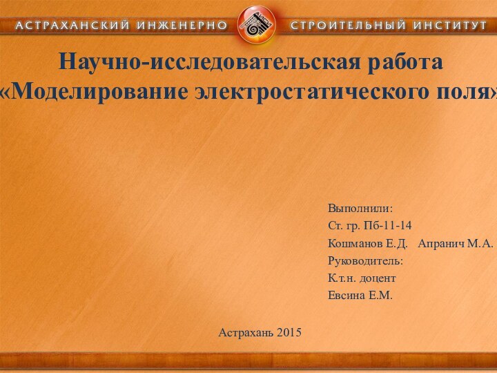 Научно-исследовательская работа«Моделирование электростатического поля»Выполнили:Ст. гр. Пб-11-14Кошманов Е.Д.  Апранич М.А.Руководитель:К.т.н. доцентЕвсина Е.М.