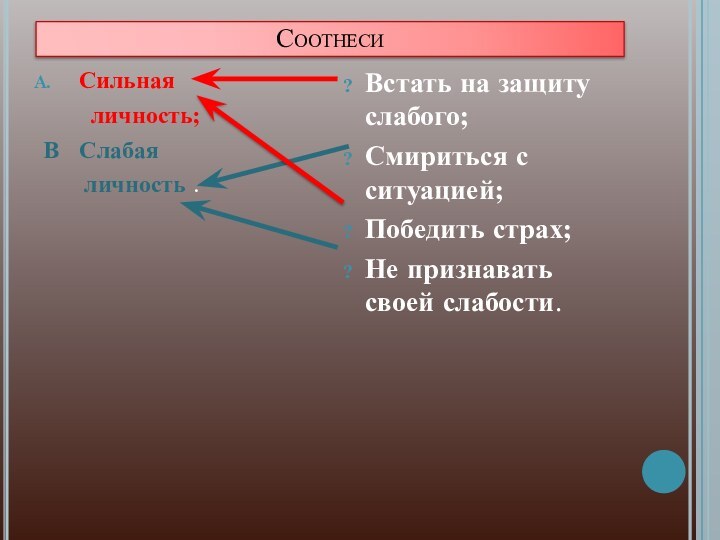 СоотнесиСильная    личность;В  Слабая   личность .