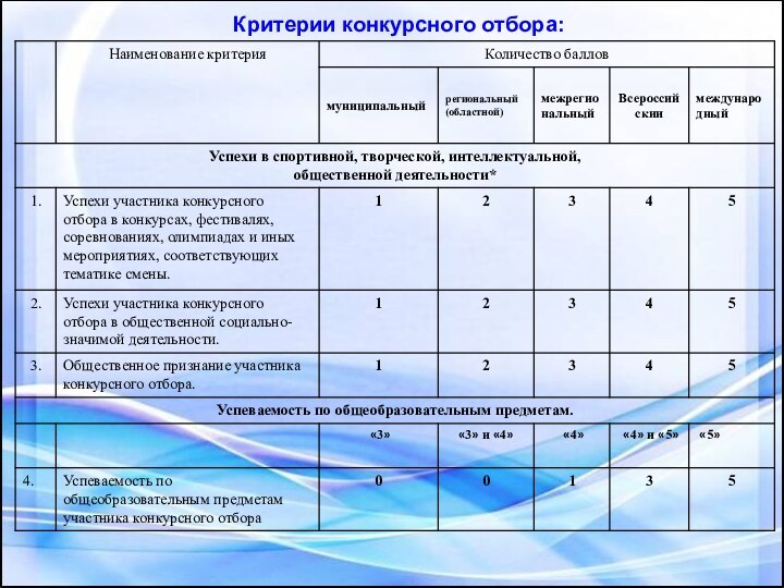 Критерии конкурсного отбора: