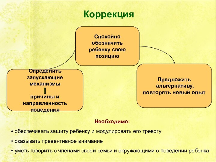 КоррекцияОпределить запускающие механизмыпричины и направленность поведенияСпокойно обозначитьребенку своюпозициюПредложить альтернативу,повторять новый опытНеобходимо: обеспечивать