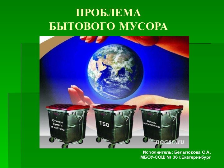 ПРОБЛЕМА  БЫТОВОГО МУСОРАИсполнитель: Бельтюкова О.А. МБОУ-СОШ № 36 г.Екатеринбург