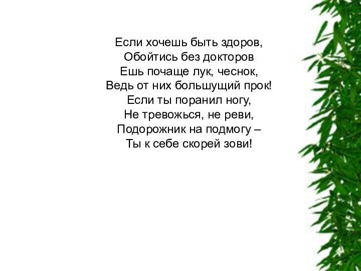 Если хочешь быть здоров,Обойтись без докторовЕшь почаще лук, чеснок,Ведь от них большущий