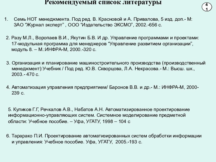 Рекомендуемый список литературы 101141Семь НОТ менеджмента. Под ред. В. Красновой и А.