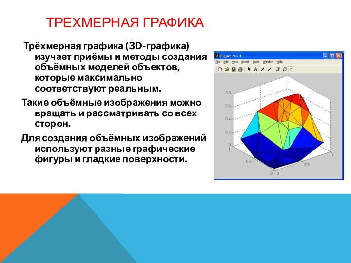ТРЕХМЕРНАЯ ГРАФИКА Трёхмерная графика (3D-графика) изучает приёмы и методы создания объёмных моделей