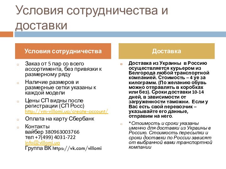 Условия сотрудничества и доставкиЗаказ от 5 пар со всего ассортимента, без привязки